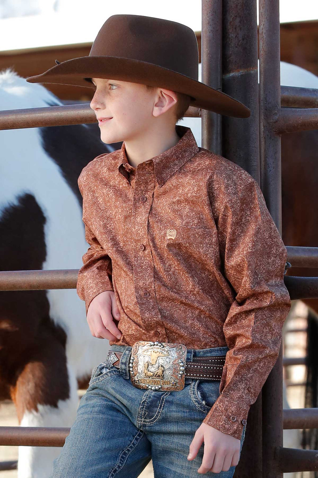 Cinch Boys Brown Paisley Print Long Sleeve Shirt