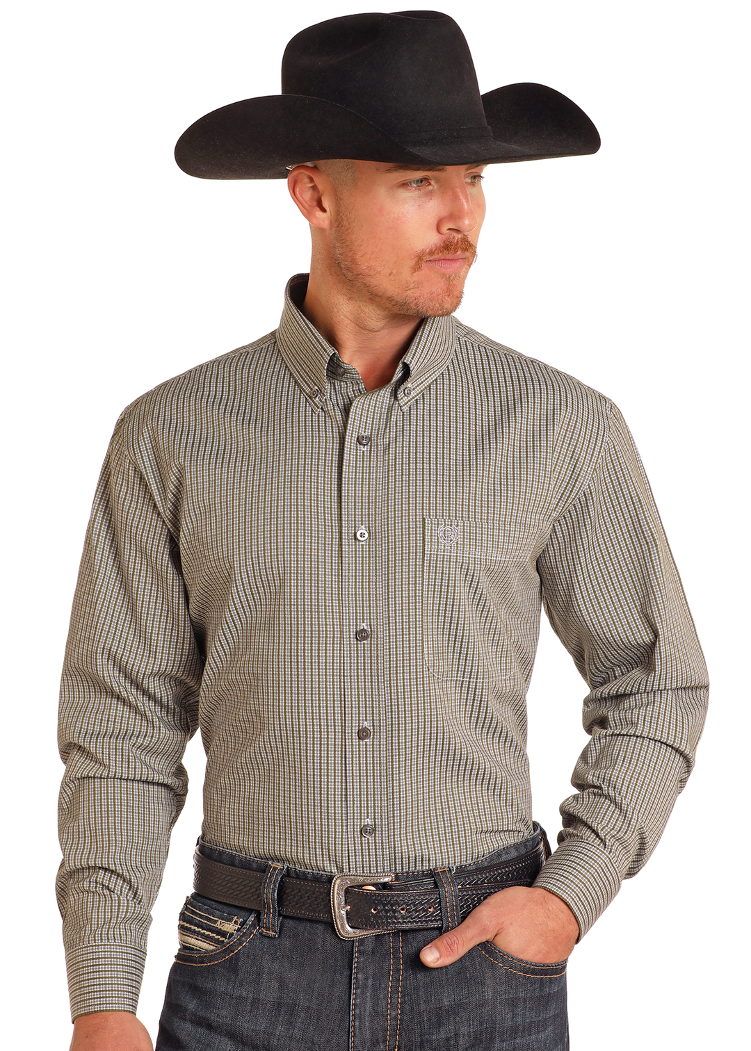 Panhandle Slim Mens Olive Check Print Long Sleeve