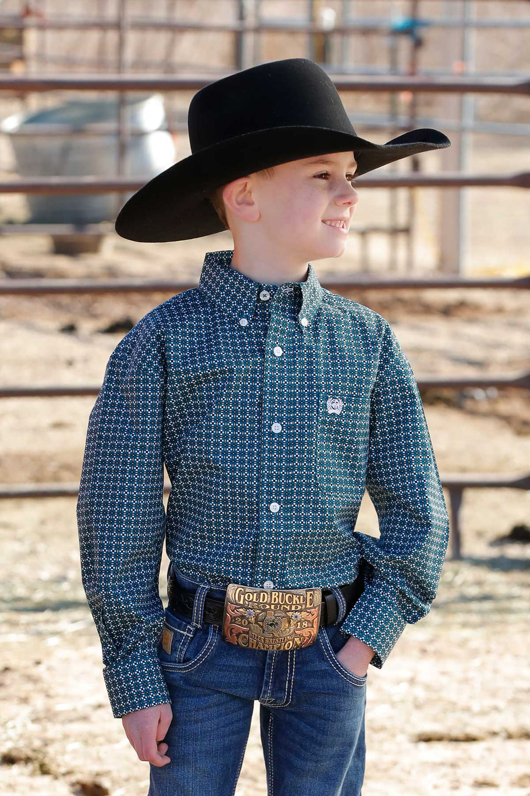 Cinch Boys Teal Printed Long Sleeve Shirt