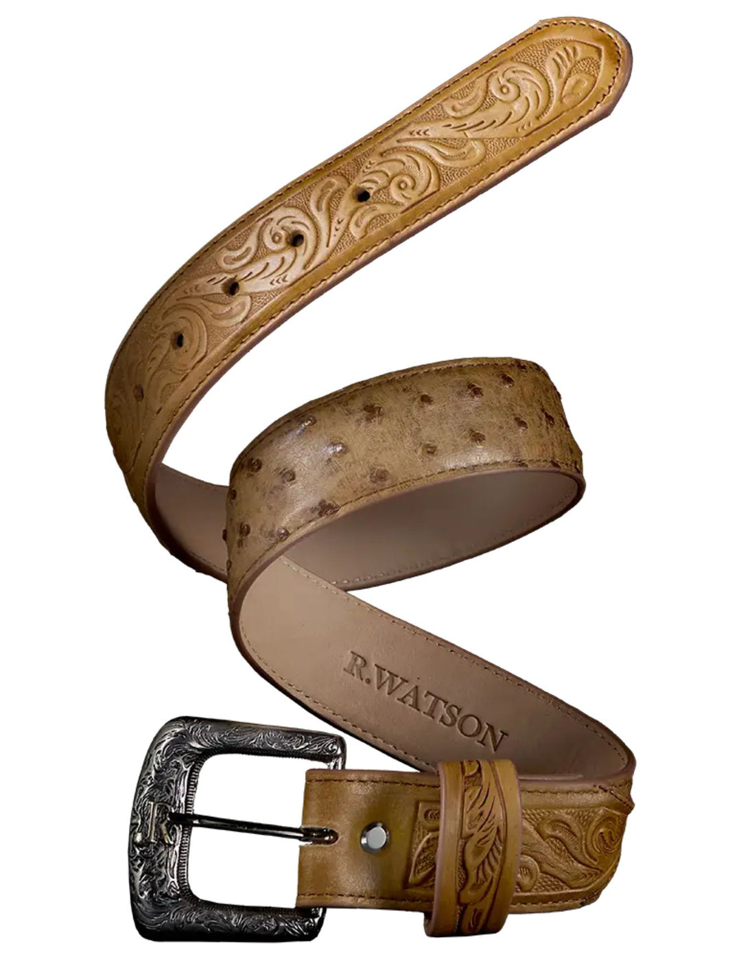 R. Watson Mens Antique Saddle Full Quill Ostrich Belt