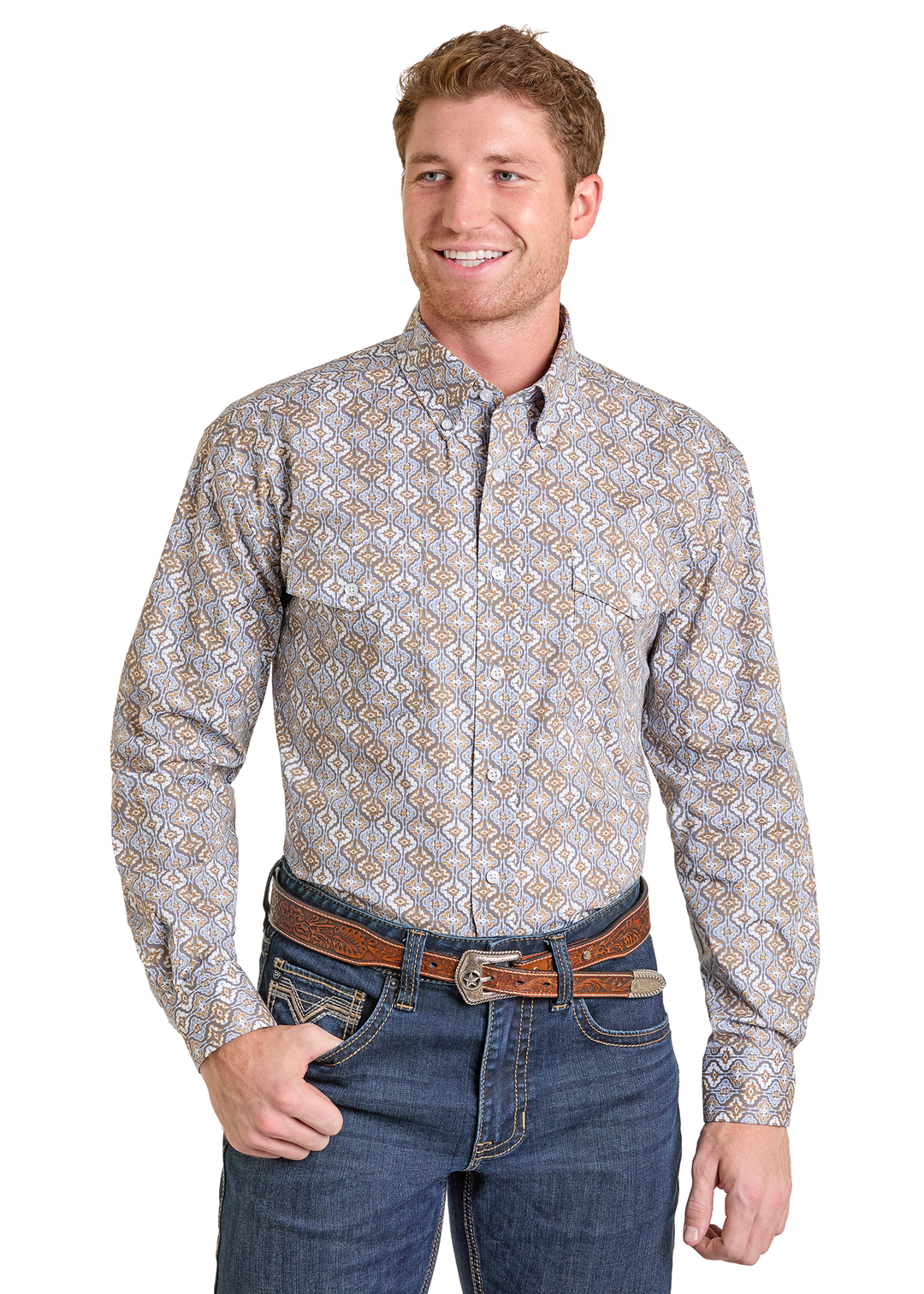 Panhandle Mens Grey Print Long Sleeve Shirt