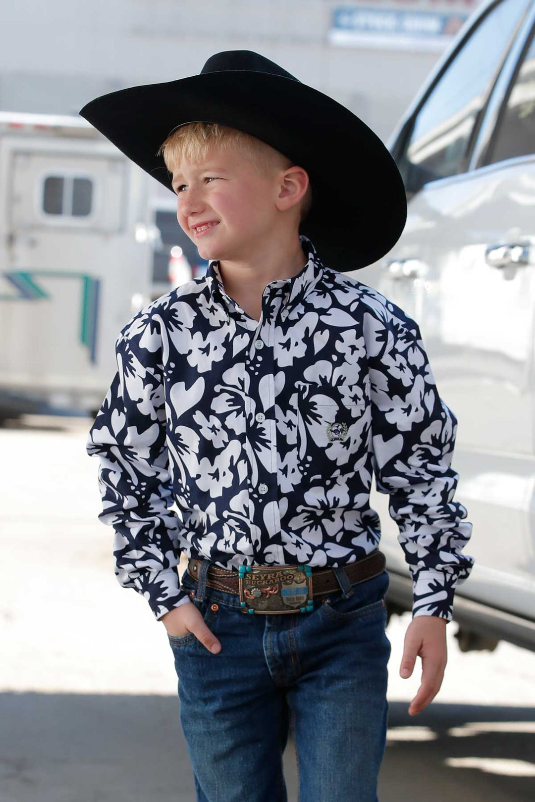 Cinch Boys Navy Flower Long Sleeve Shirt