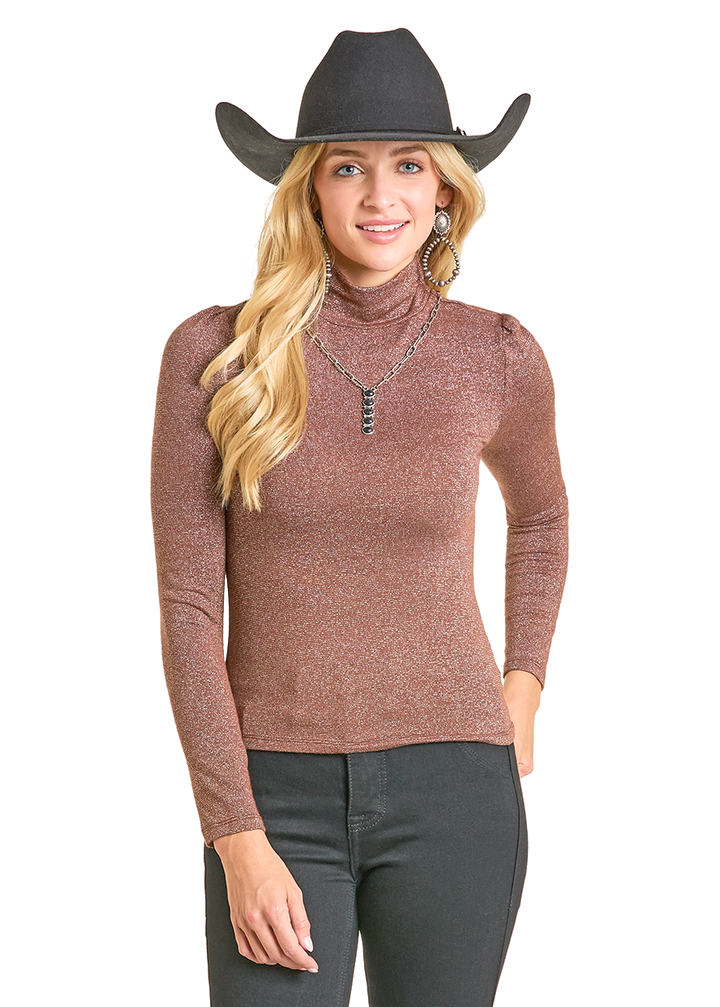 Panhandle Womens Brown Shimmer Turtleneck Top
