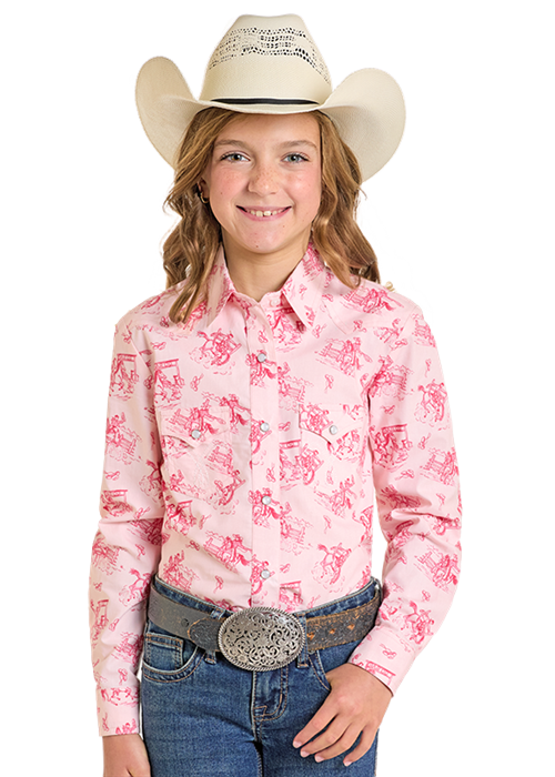 Panhandle Girls Pink Western Snap Long Sleeve Shirt