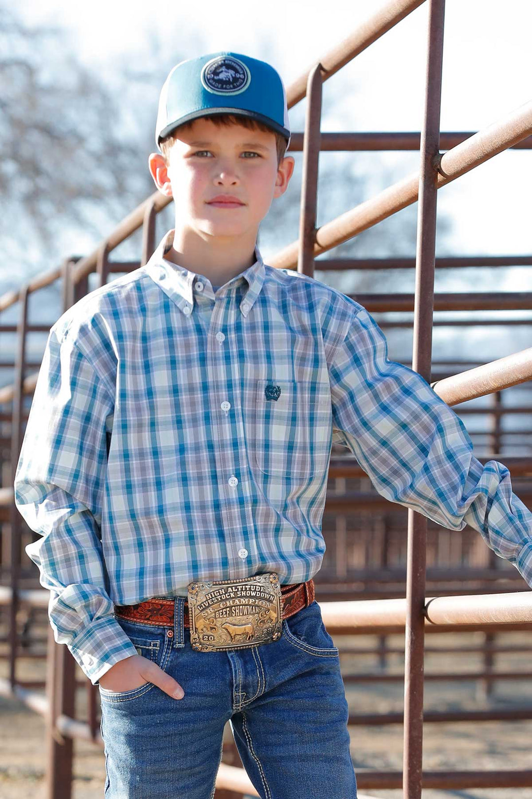 Cinch Boys Blue Plaid Long Sleeve Shirt