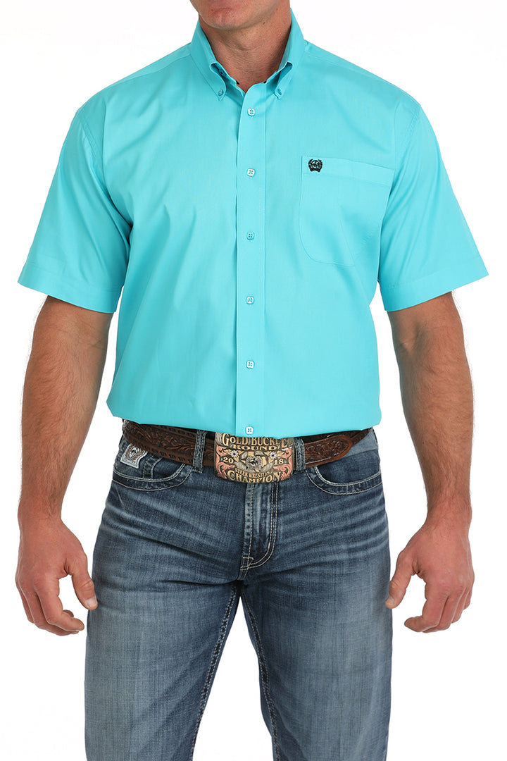 Cinch Mens Turquoise Solid Short Sleeve Shirt