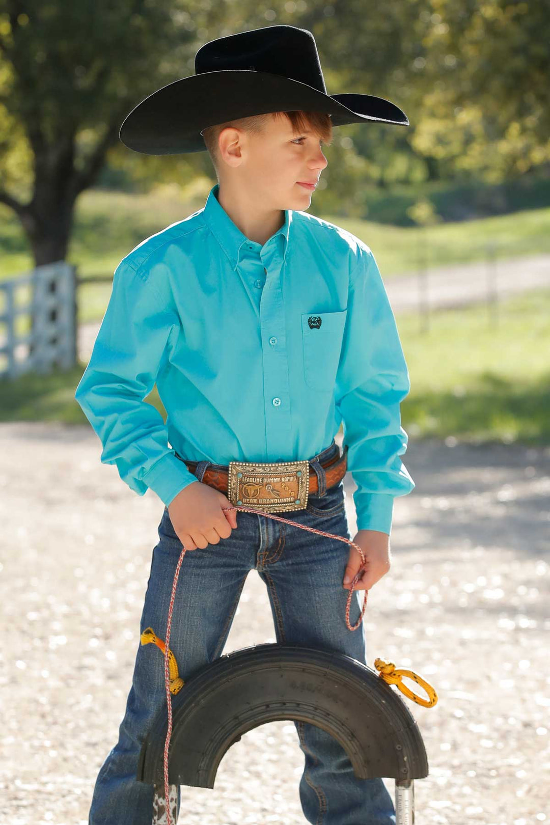 Cinch Boys Solid Turquoise Long Sleeve Shirt