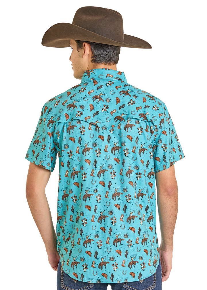 Panhandle Mens Turquoise Western Novelty Print Short Sleeve Shirt