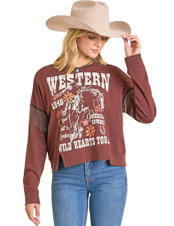 Panhandle Womens Chain Fringe Western Graphic Pullover