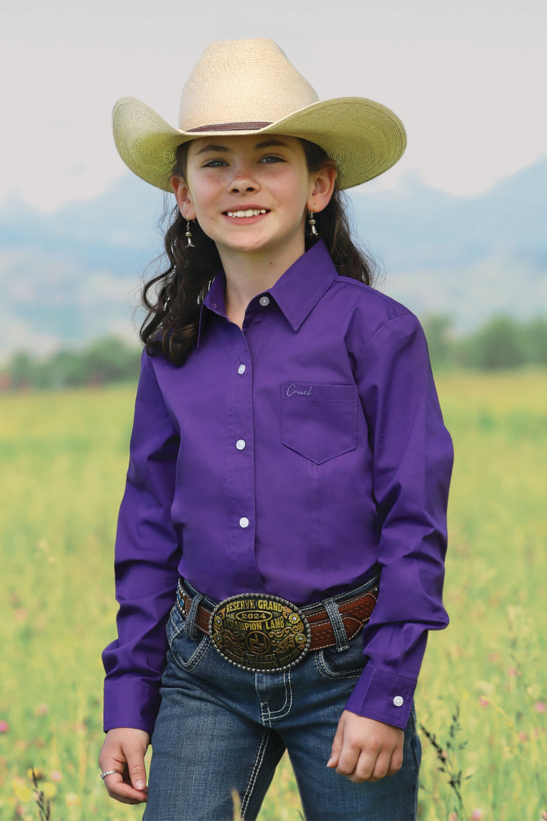 Cinch Girls Solid Purple Long Sleeve Shirt