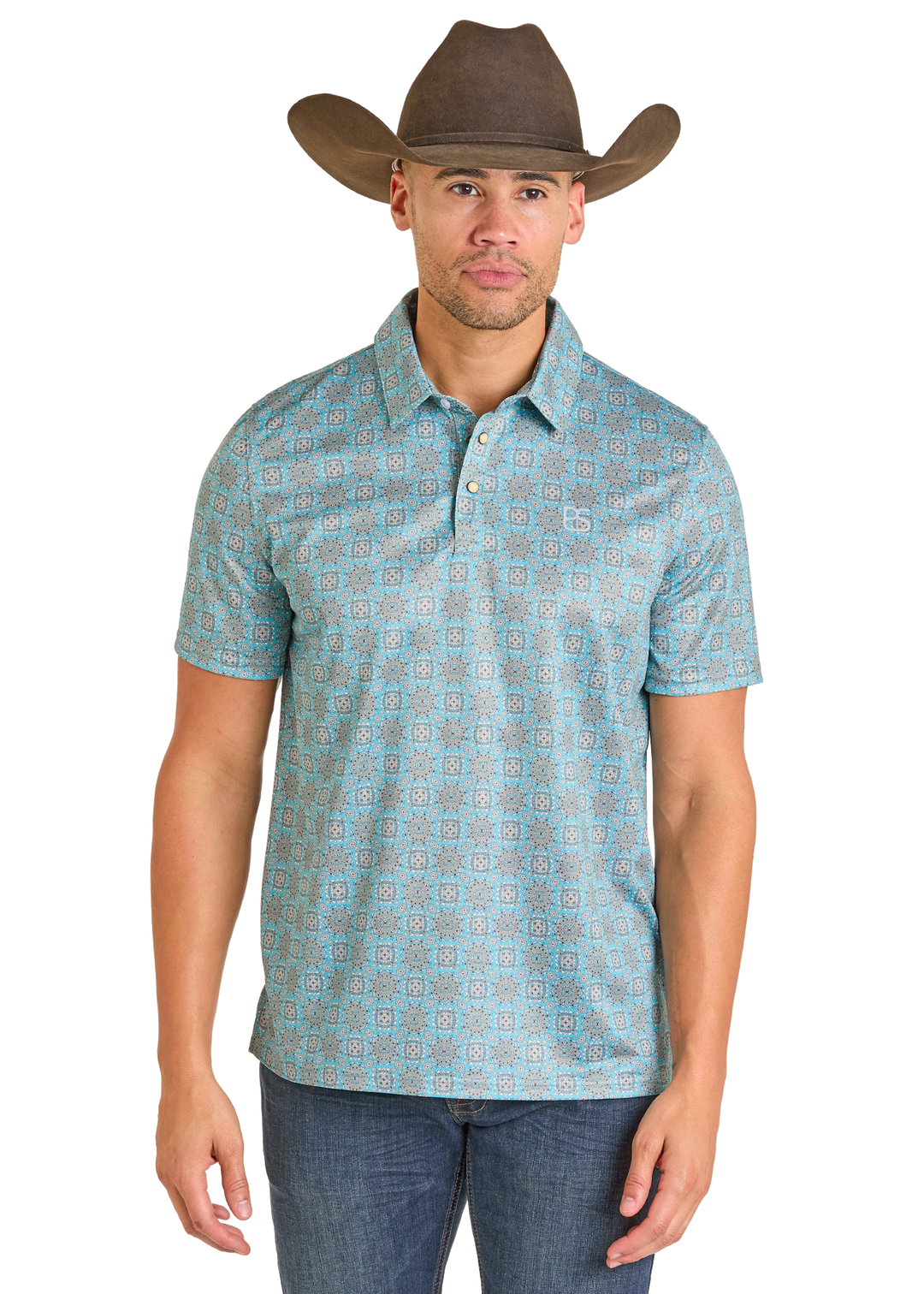 Panhandle Mens Turquoise Print Snap Polo