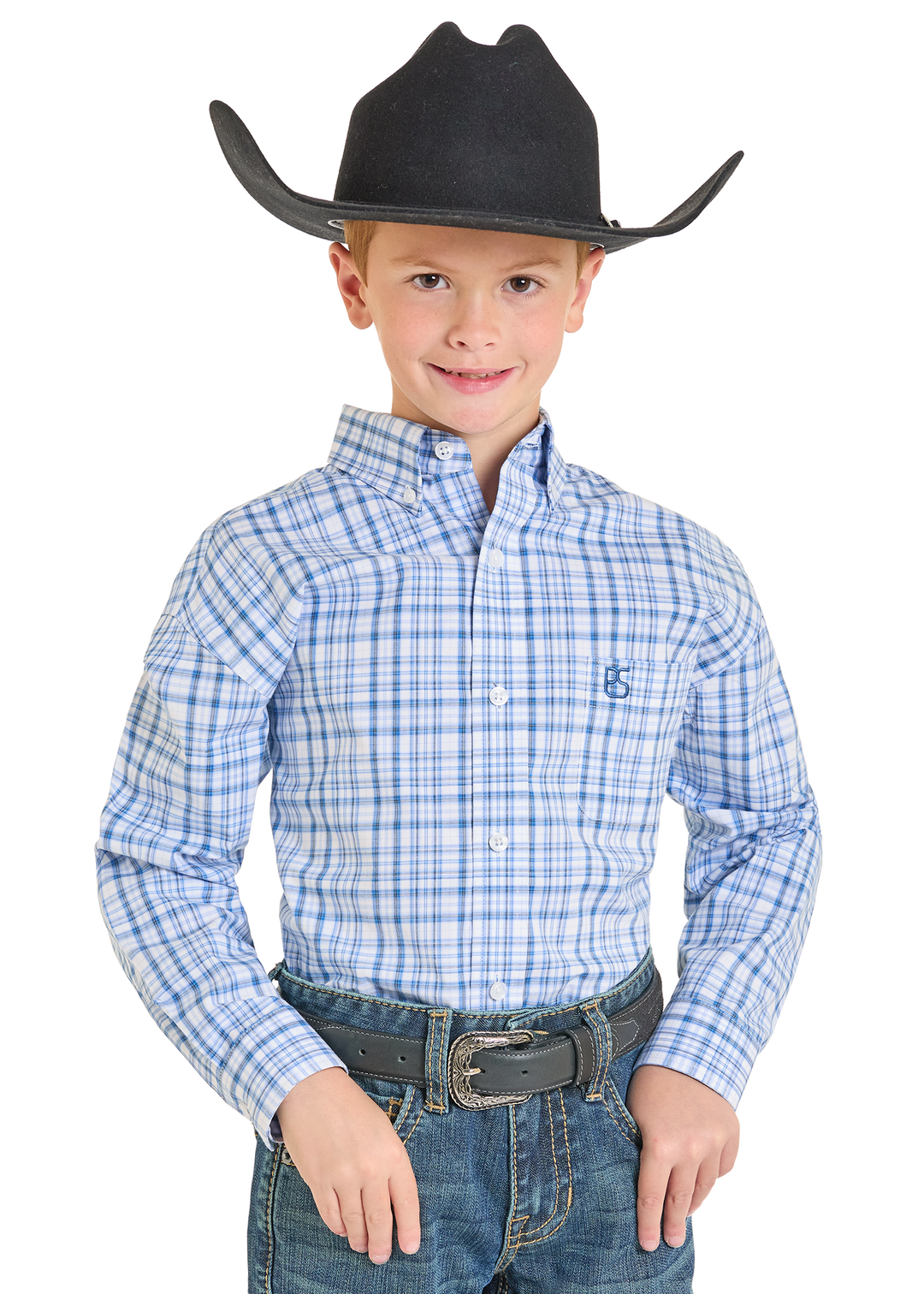 Panhandle Boys Blue Plaid Long Sleeve Shirt