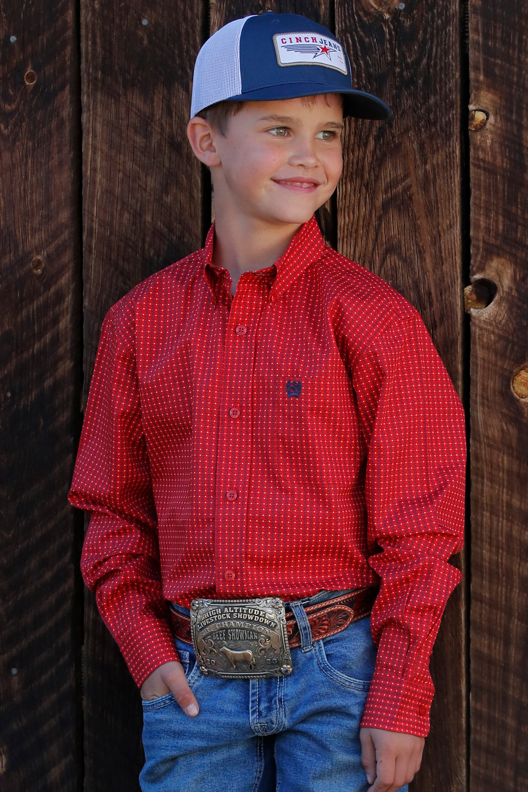 Cinch Boys Match Dad Red Money Print Long Sleeve Shirt