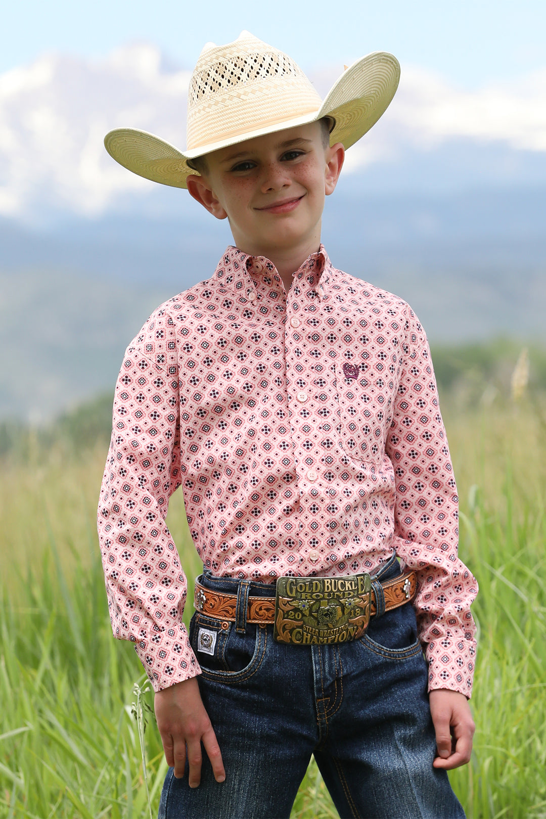 Cinch Boys Pink Medallion Print Shirt