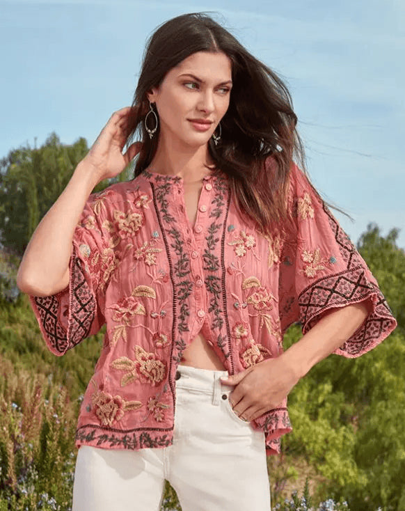 Johnny Was Womens Coral Sunset Short Sleeve Shirt