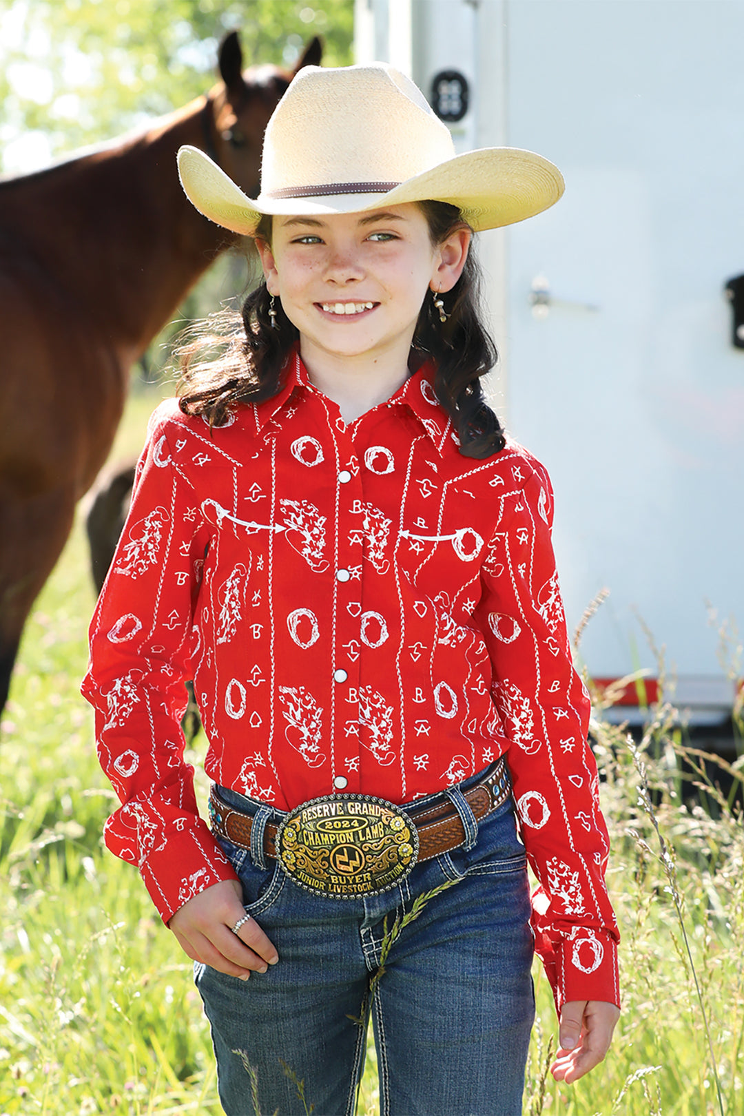Cinch Girls Red Cattle Brand Snap Front Shirt