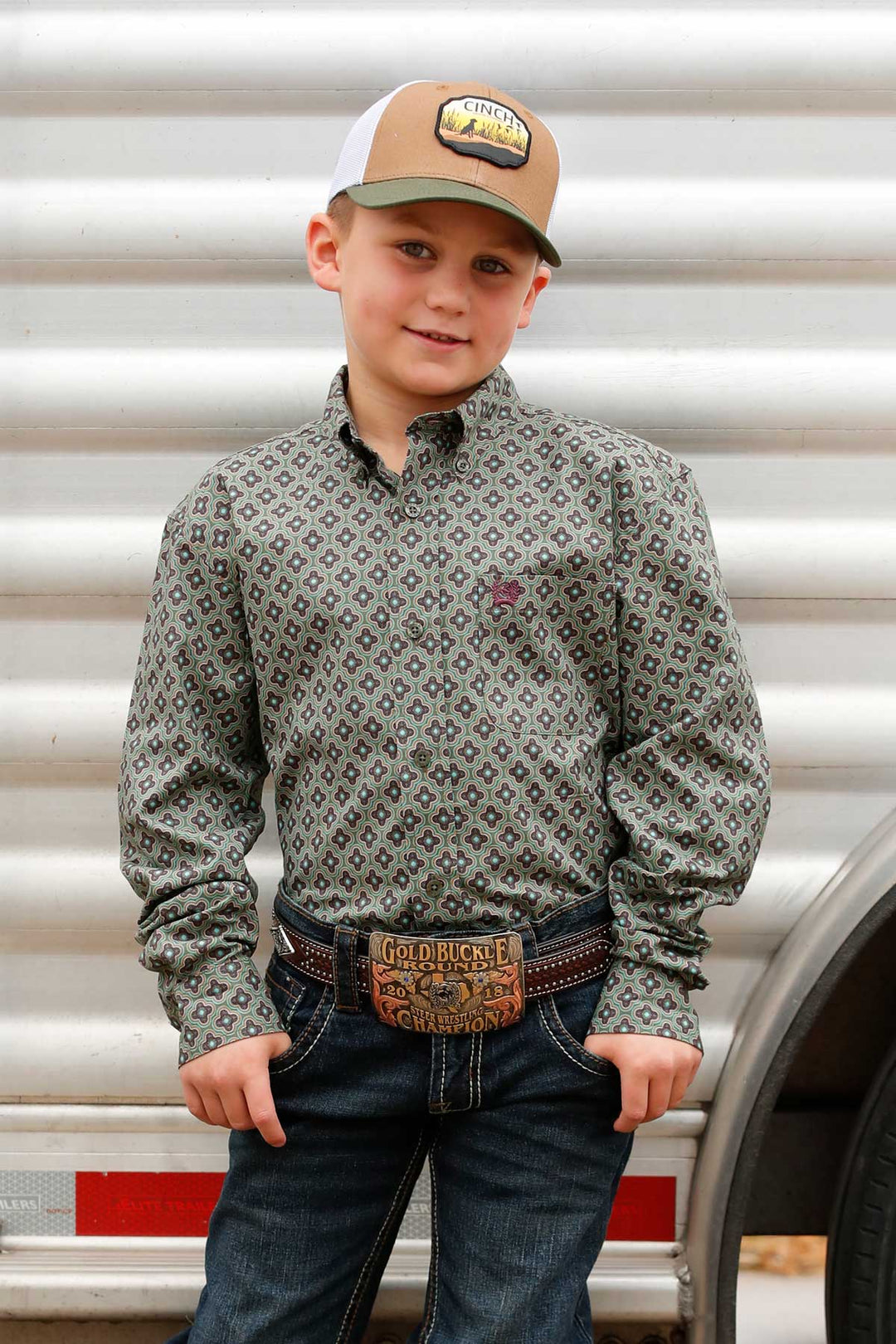 Cinch Boys Olive Printed Long Sleeve Shirt