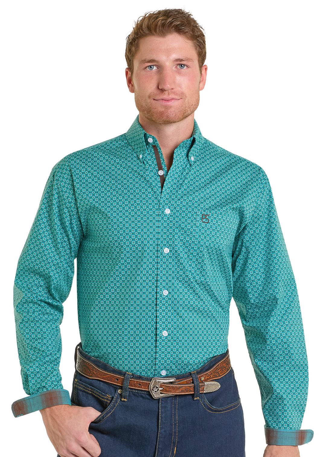 Panhandle Mens Modern Slim Turquoise Printed Long Sleeve Shirt