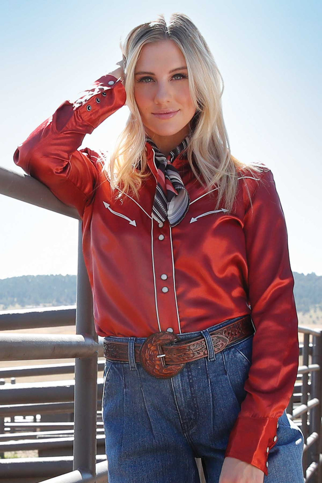 Cinch Womens Satin Red Long Sleeve Shirt