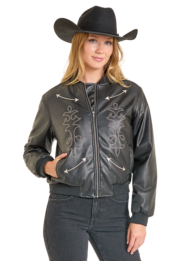 Panhandle Womens Black Pleather Bomber