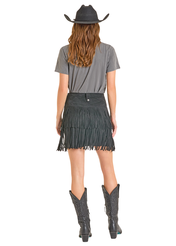 Panhandle Womens Black Microsuede Fringe Belted Skirt