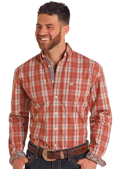 Panhandle Mens Rust Plaid Long Sleeve Shirt