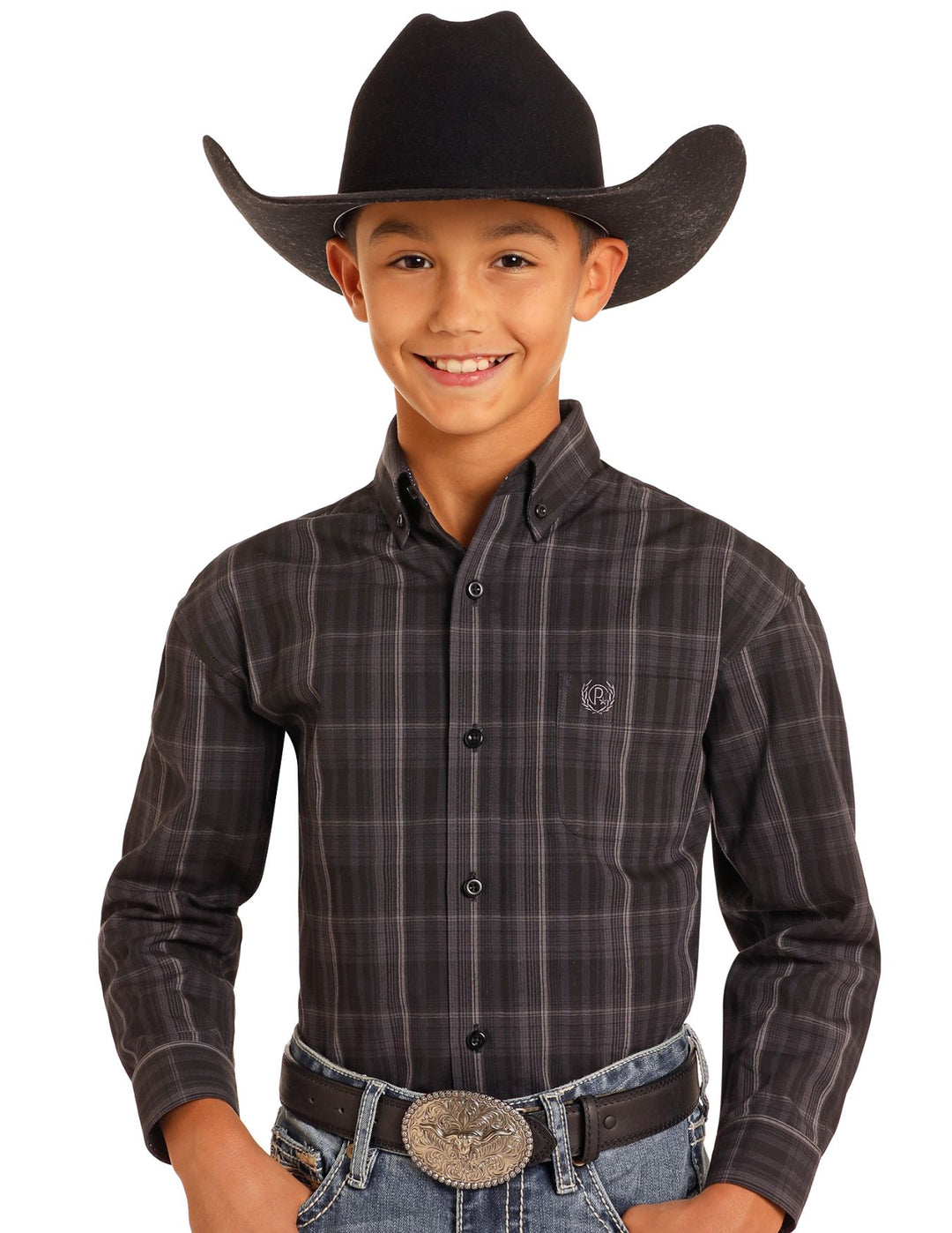 Panhandle Slim Boys Charcoal Plaid Long Sleeve Shirt