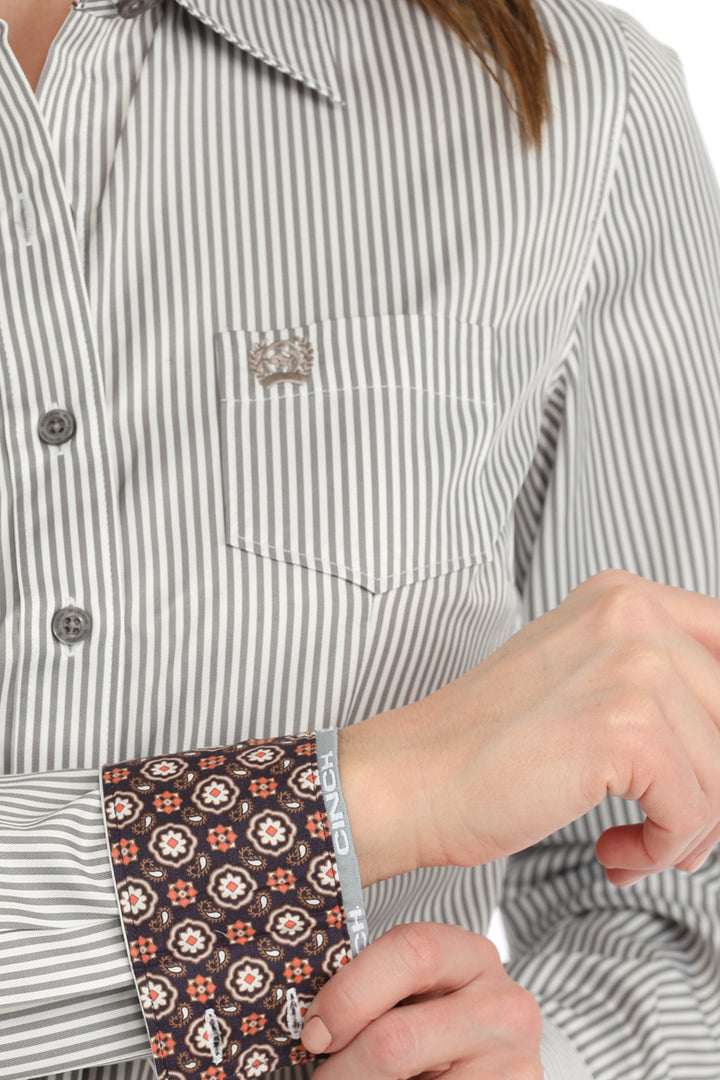 Cinch Womens Grey Stripe Long Sleeve Shirt