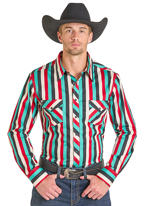 Panhandle Mens Retro Striped Snap Long Sleeve Shirt