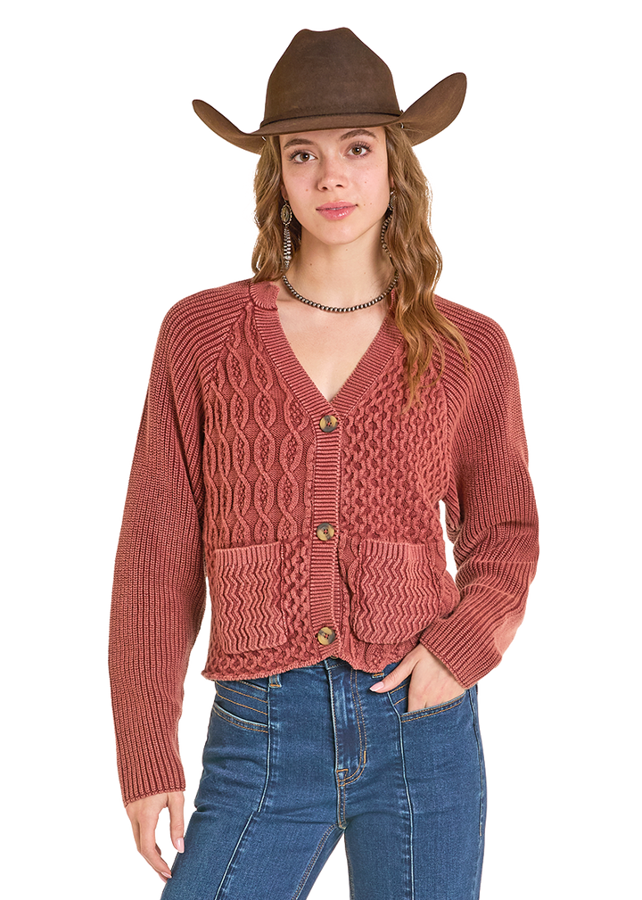 Panhandle Womens Rust Cord Knit Cardigan Sweater