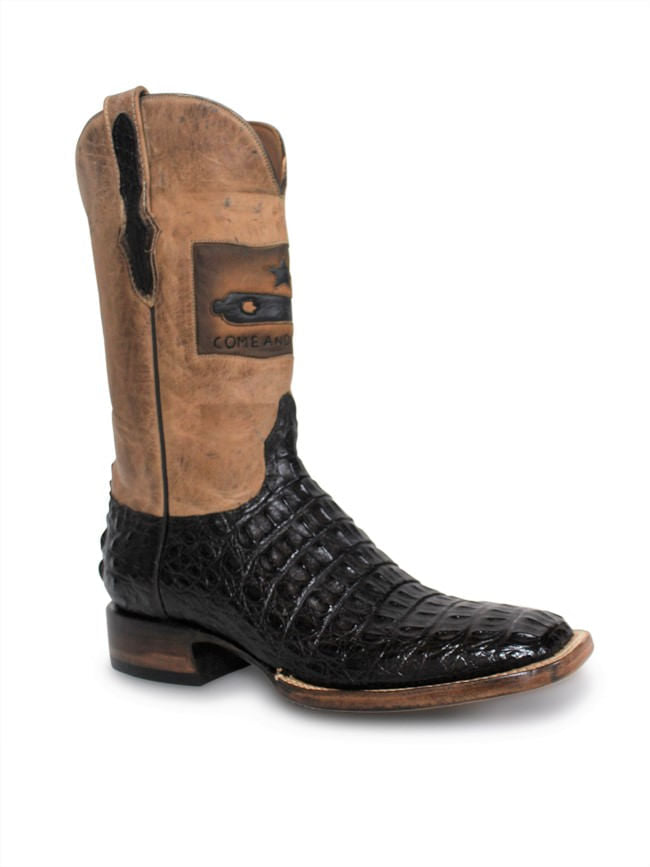 A brown and black leather boot with a unique pattern and a square toe. The boot features a distinctive texture and a brand label reading 'Black Jack'.