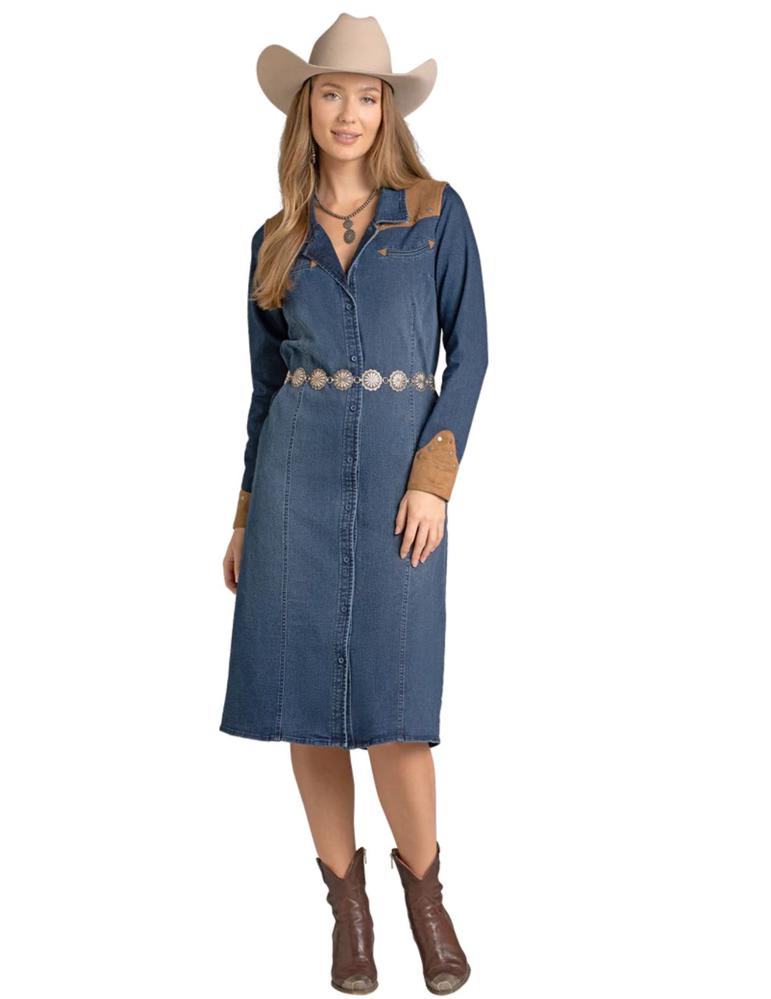 Panhandle Womens Denim Dress With Microsuede Yokes – Texas Boot Company Panhandle Womens Denim Dress With Microsuede Yokes – Texas Boot Company