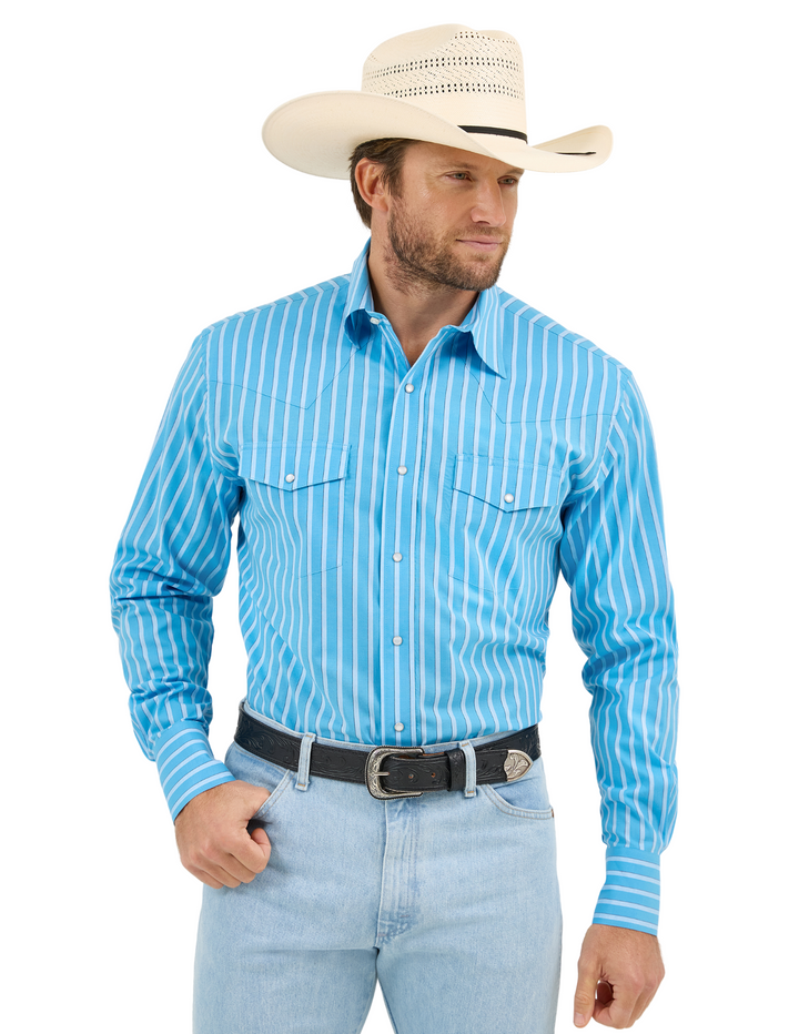 Wrangler Mens Blue Stripe Long Sleeve Shirt