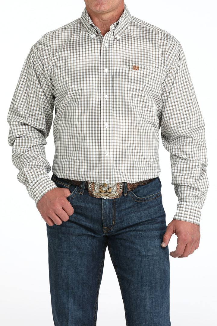 Cinch Mens White Plaid Long Sleeve Shirt