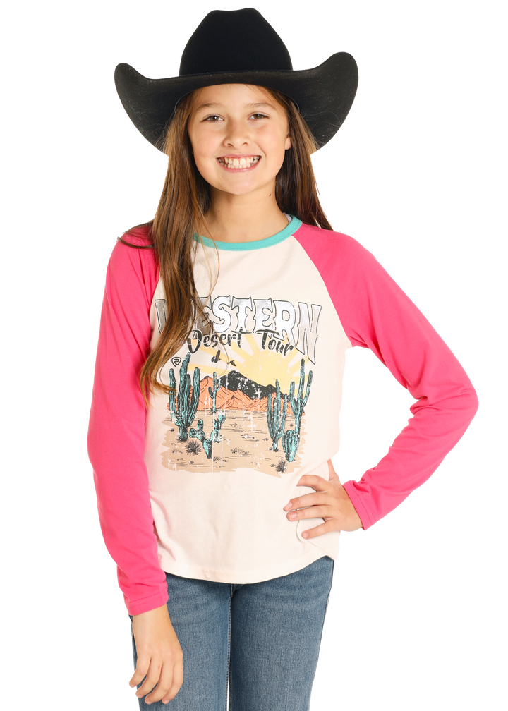 Panhandle Girls Contrast Sleeves Graphic Long Sleeve Shirt