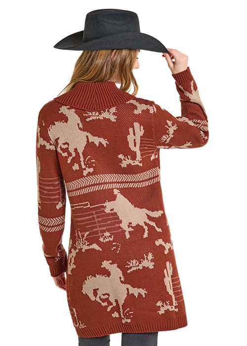 Panhandle Womens Cowboy Print Sweater Duster