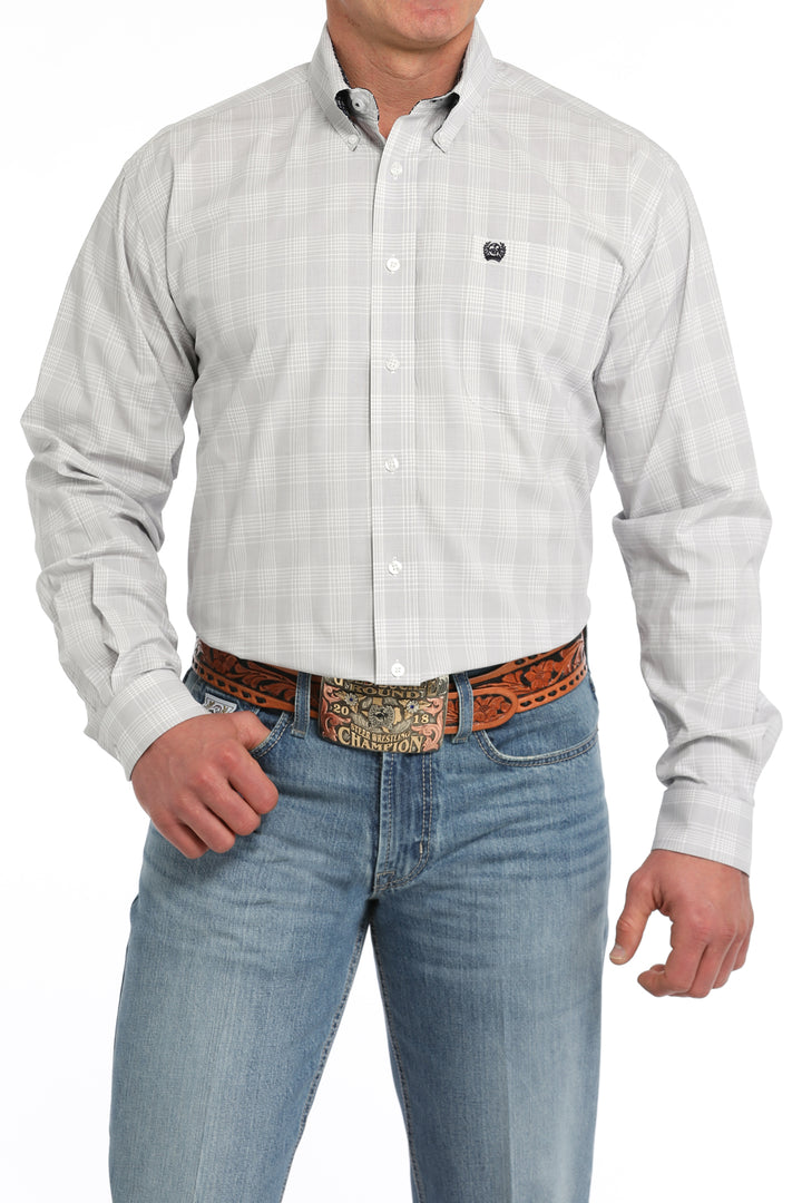 Cinch Mens White Plaid Long Sleeve Shirt