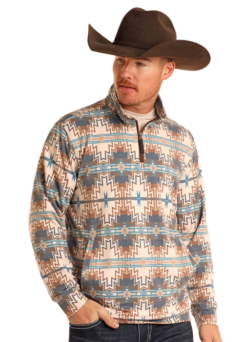 Panhandle Mens Teal Aztec Printed Pullover