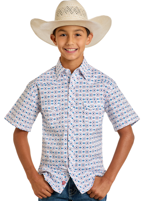 Panahndle Boys White Aztec Snap Short Sleeve Shirt