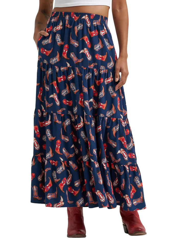 Wrangler Womens Boot Printed Tiered Maxi Skirt