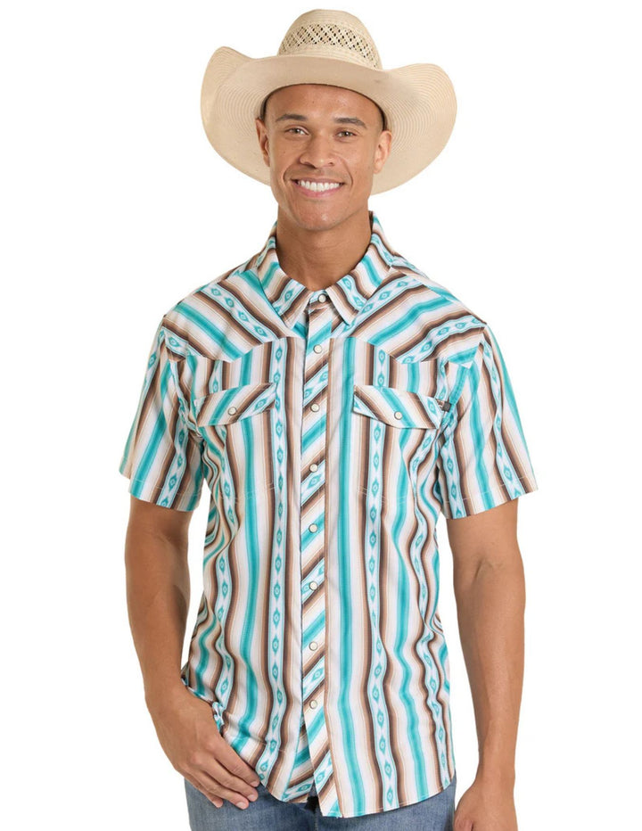 Panhandle Mens TEK Western Brown & Turquoise Stripe Short Sleeve Shirt