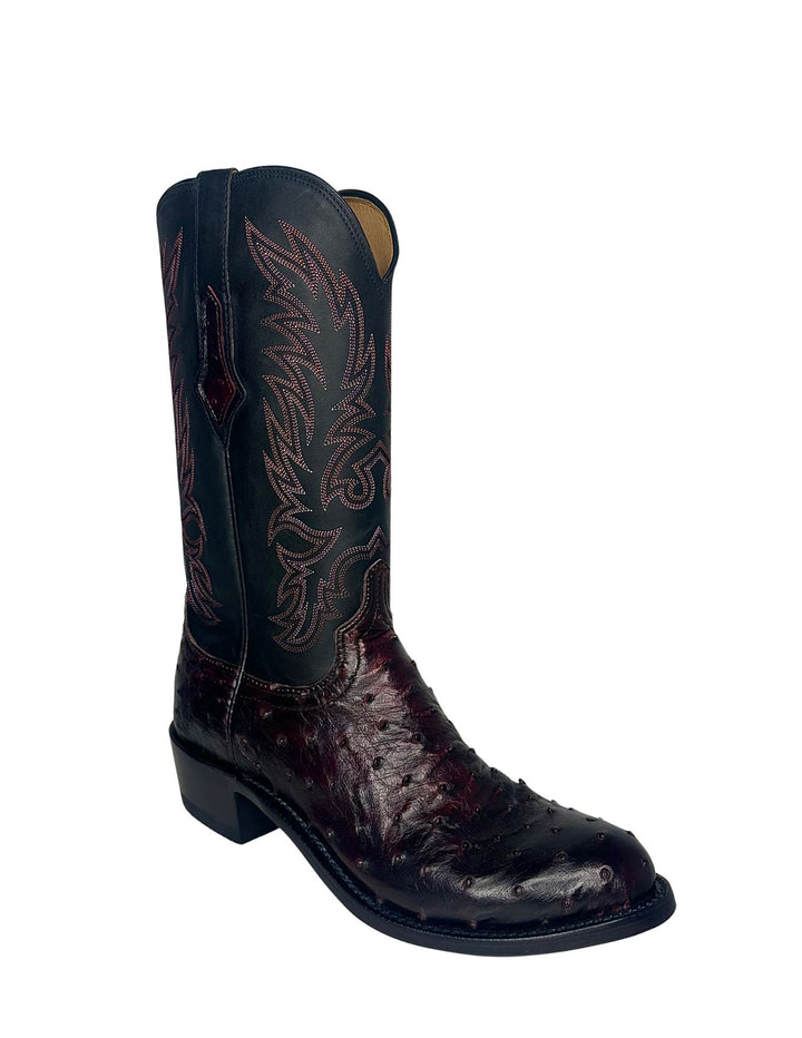 Lucchese Mens Elgin Black Cherry Ostrich Round Toe Boots