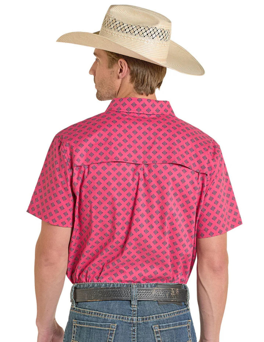 Panhandle Mens TEK Western Pink Aztec Print Short Sleeve Shirt