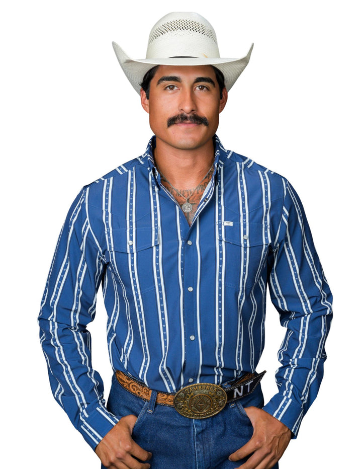 Ferrell Mens The Tucker in Blue Long Sleeve Snap Shirt