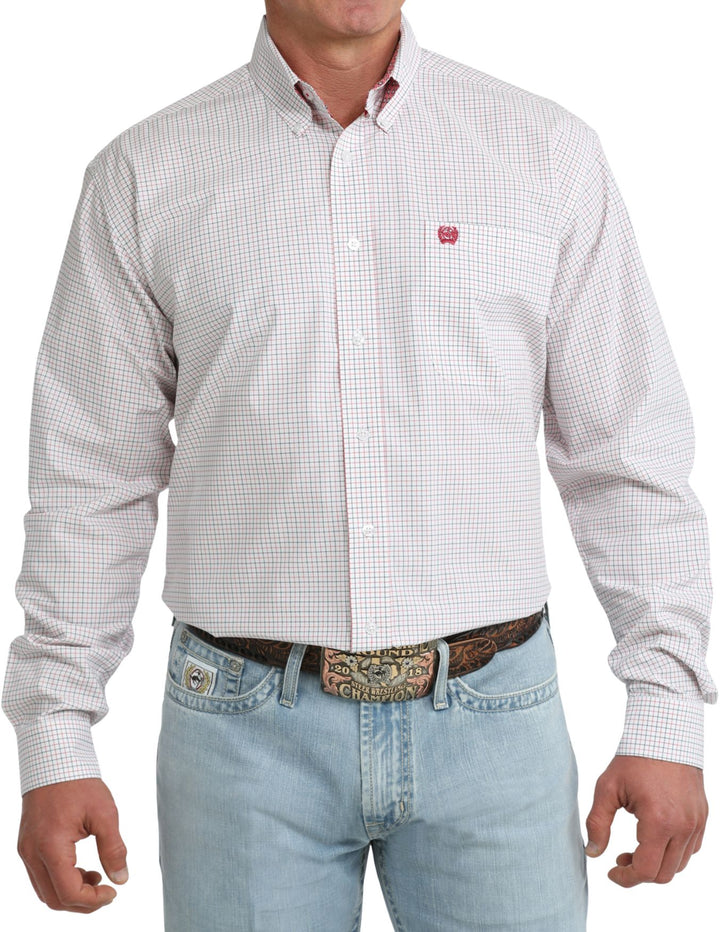 Cinch Mens White Micro Plaid Long Sleeve Shirt