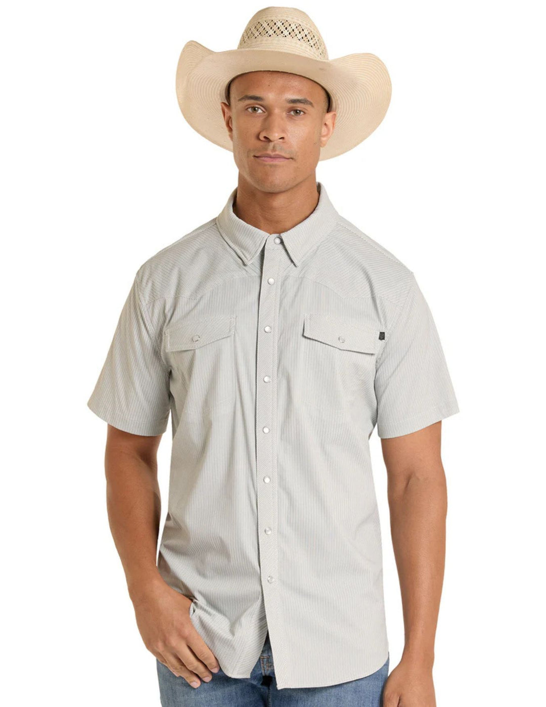 Panhandle Mens TEK Western Grey Pin Stripe Short Sleeve Shirt