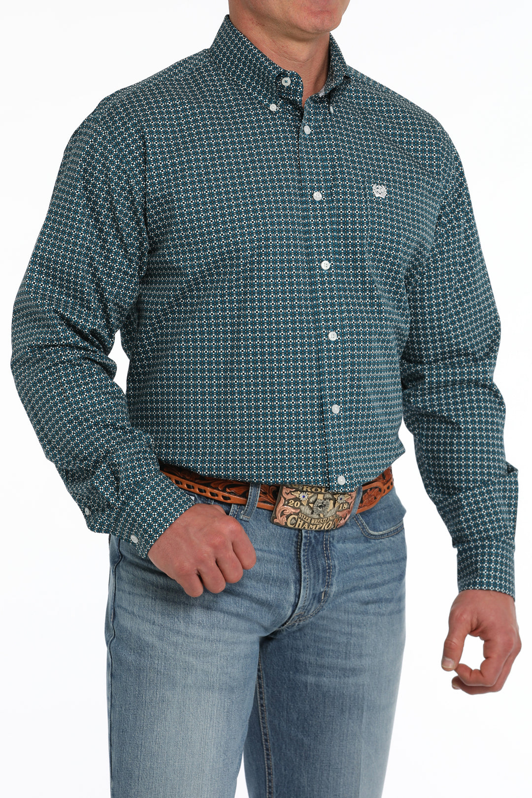 Cinch Mens Teal Geometric Print Button Down Shirt