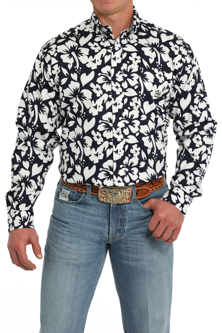 Cinch Mens Navy Flower Print Long Sleeve Shirt