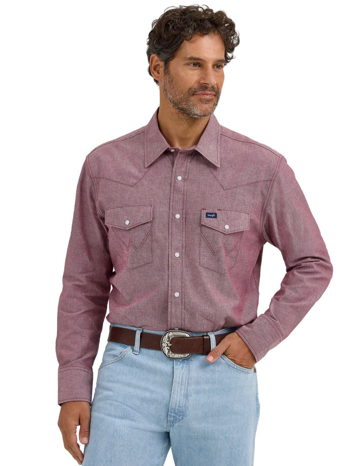 Wrangler Mens Western Chambray Long Sleeve Shirt