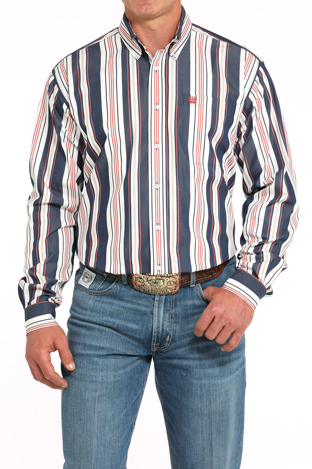 Cinch Mens Navy Striped Long Sleeve Shirt